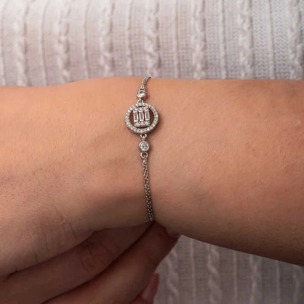 Gümüş Yuvarlak Baget Taşlı Kadın Bileklik - 4