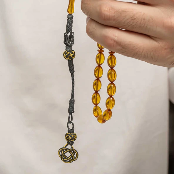 Gümüş Kazaz Püsküllü Sıkma Kehribar Tesbih - Resim 3