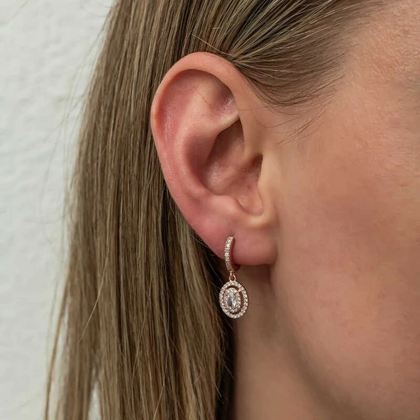 Gümüş Rose Oval Taşlı Sallantılı Küpe - 3