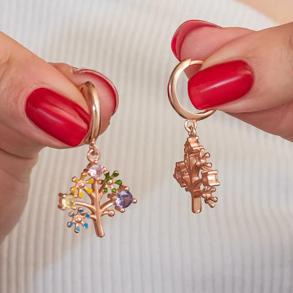 Gümüş Rose Renkli Taşlı Hayat Ağacı Kadın Küpe - 5