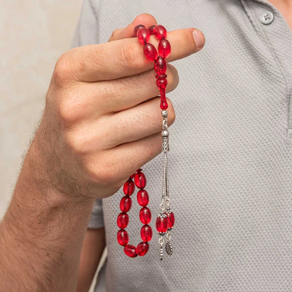 Gümüş Kırmızı Ateş Kehribar Tesbih - 3