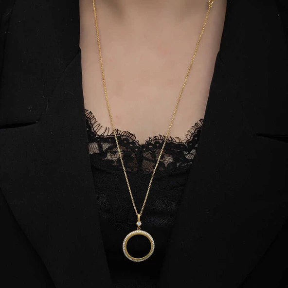 Gümüş Gold Kaplama Yuvarlak Yarım Altın Takılabilen Kadın Kolye - Resim 3