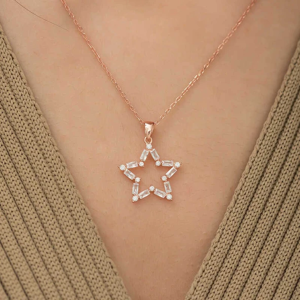 ​Gümüş Rose Baget Taşlı Yıldız Kolye - Resim 2