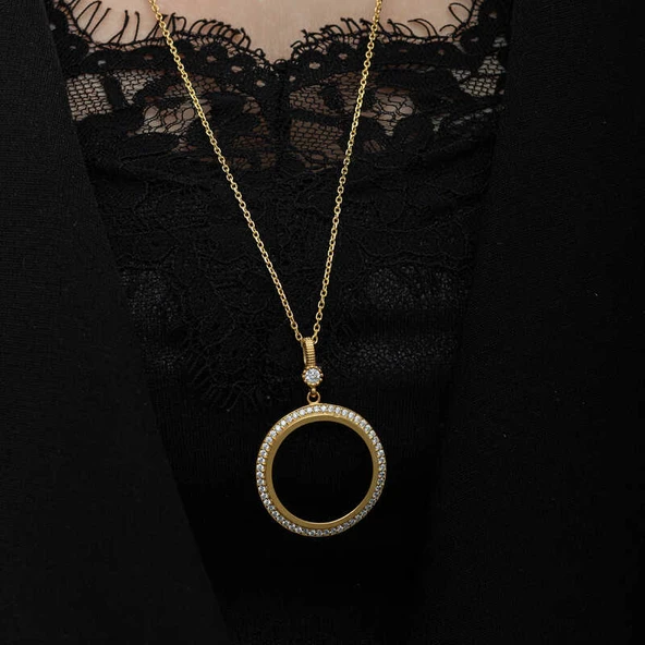 Gümüş Gold Kaplama Yuvarlak Yarım Altın Takılabilen Kadın Kolye - Resim 5