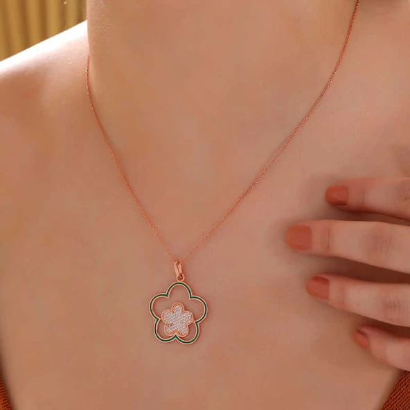 ​Gümüş Rose Çiçek Desenli Kadın Kolye - Resim 2