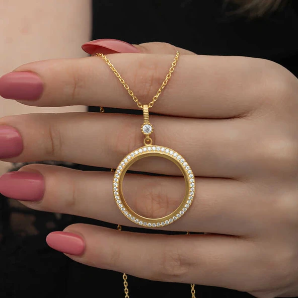 Gümüş Gold Kaplama Yuvarlak Yarım Altın Takılabilen Kadın Kolye - Resim 2