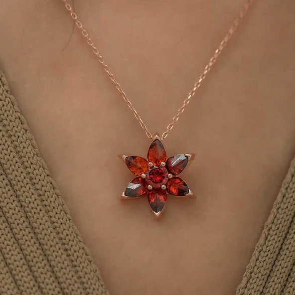 Gümüş Rose Kırmızı Çiçek Kolye - Resim 2