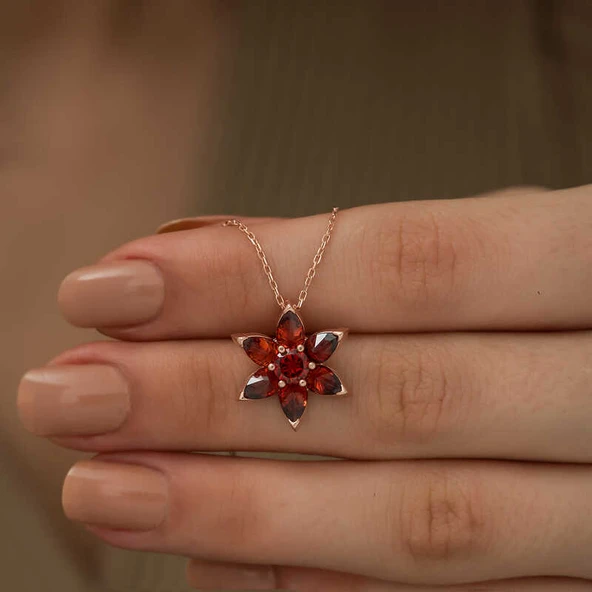 Gümüş Rose Kırmızı Çiçek Kolye - Resim 3