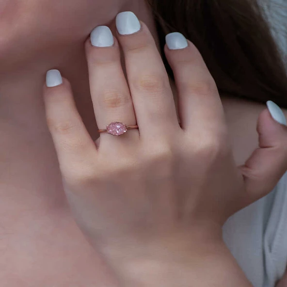 Gümüş Rose Pembe Lotus Çiçeği Yüzük - Resim 4