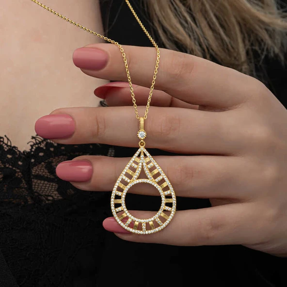 Gümüş Gold Kaplama Damla Çeyrek Takılabilen Kadın Kolye - Resim 2