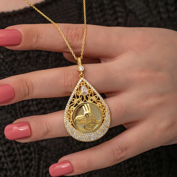 Gümüş Gold Kaplama Damla Tuğralı Kadın Kolye - Resim 4