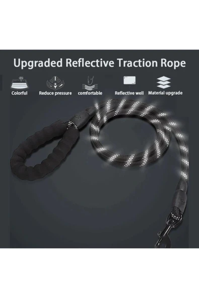 Köpekler İçin Gezdirme Tasması Reflektörlü 130 Cm Halat Orta Ve Büyük Boy Köpekler İçin Siyah - 3