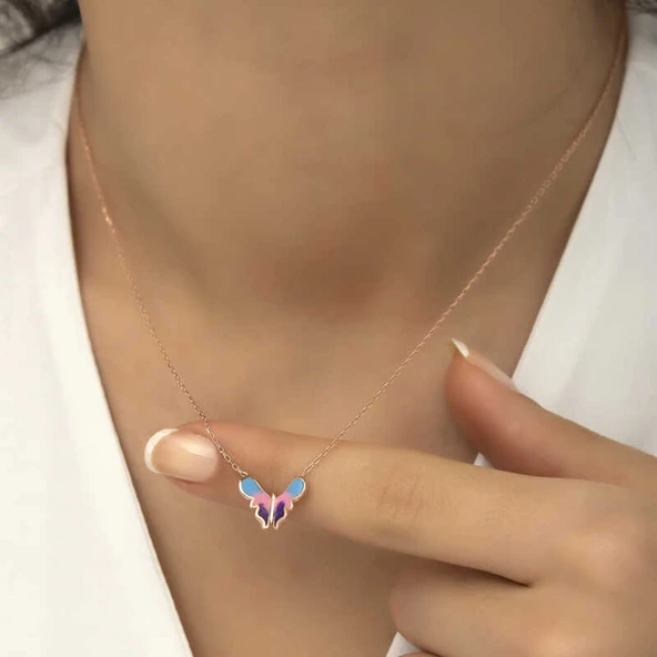 Gümüş Rose Minimal Kelebek Bayan Kolye - Resim 5