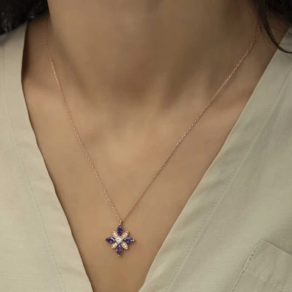 Gümüş Rose Mor Taşlı Umut Çiçeği Kolye - Resim 4