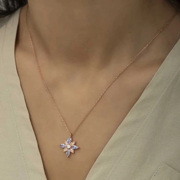 Gümüş Lila Taşlı Umut Çiçeği Kolye - Resim 2