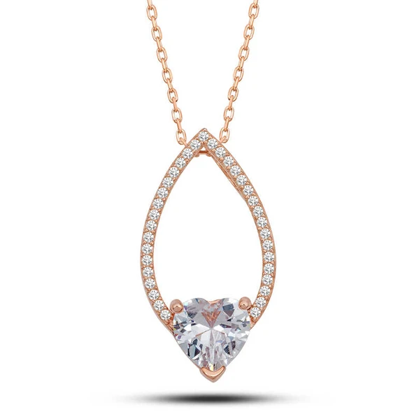 Gümüş Rose Kalp Beyaz Taşlı Damla Kadın Kolye ürün görseli