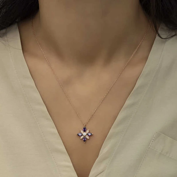 Gümüş Rose Mor Taşlı Umut Çiçeği Kolye - Resim 3