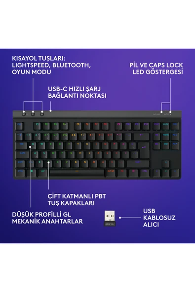 Logitech G515 LIGHTSPEED TKL Düşük Profilli Kablosuz LIGHTSYNC RGB İngilizce Oyun Klavyesi, Siyah - Resim 6