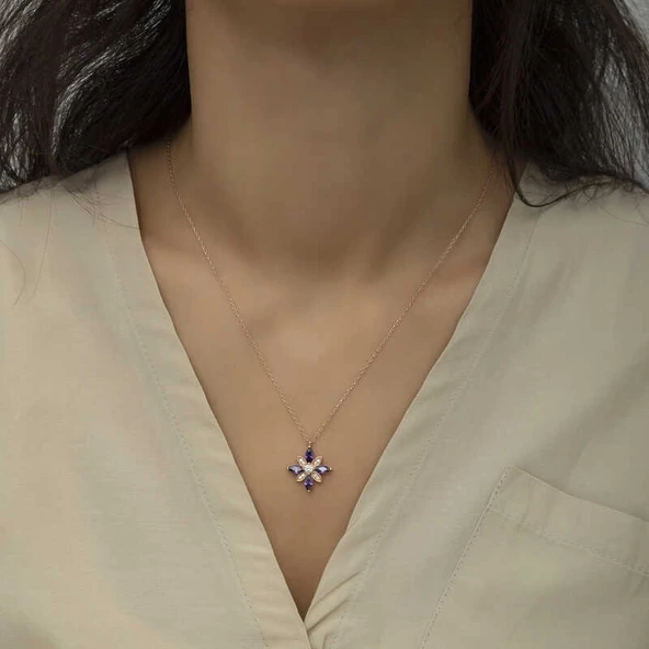 Gümüş Rose Mor Taşlı Umut Çiçeği Kolye - Resim 2