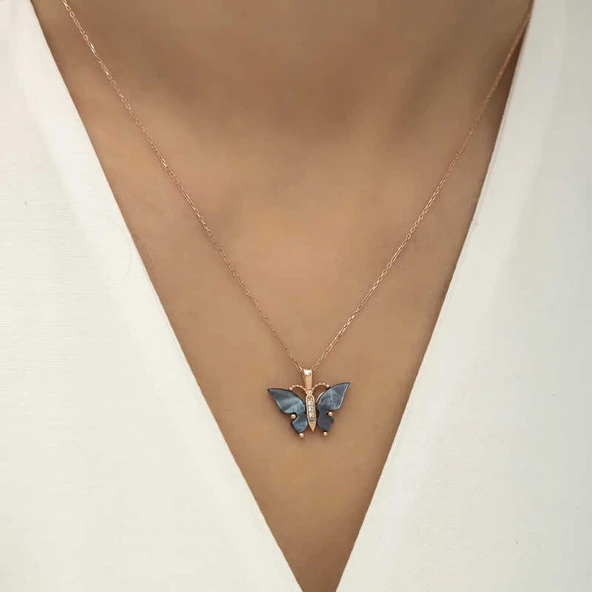 Gümüş Rose Antrasit Kaplangözü Taşlı Kelebek Kolye - Resim 4