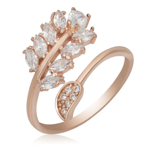 Gümüş Rose Ayarlanabilir Beyaz Taşlı Yaprak Kadın Yüzük ürün görseli 1