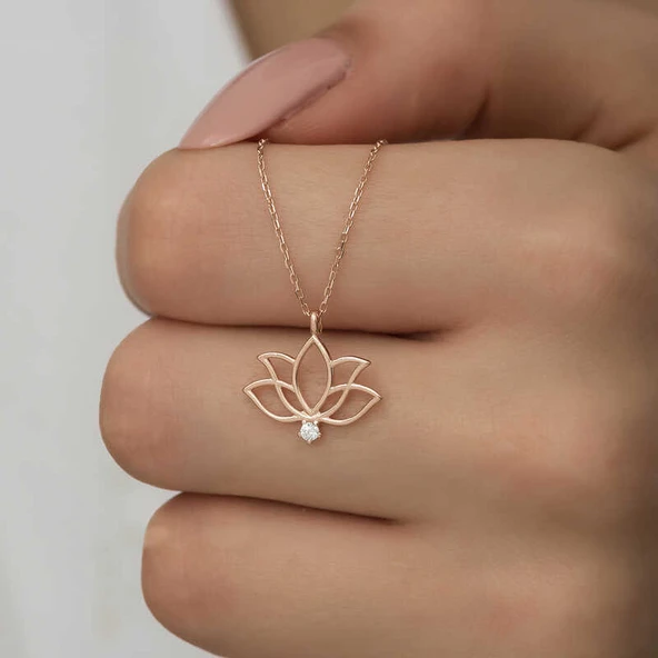 Gümüş Rose Lotus Çiçeği Kadın Kolye - Resim 2