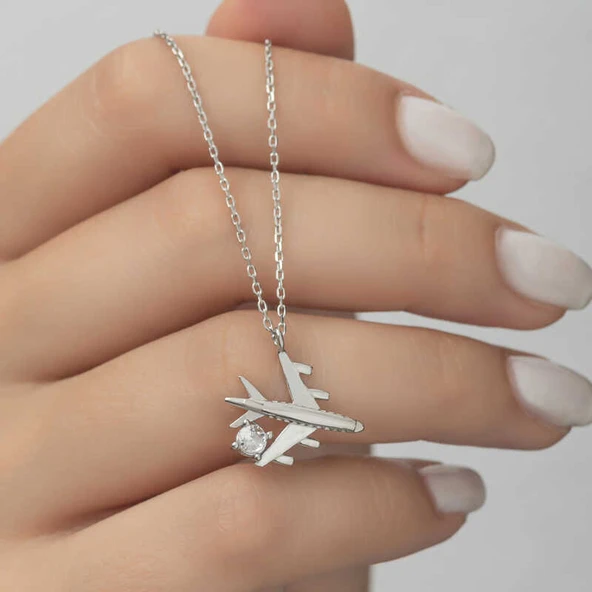 Gümüş Rodyum Tek Taşlı Uçak Kadın Kolye - Resim 4