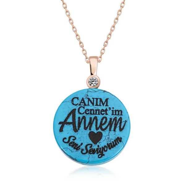 ​Gümüş Rose Turkuaz Taşlı Annem Yazılı Kadın Kolye ürün görseli