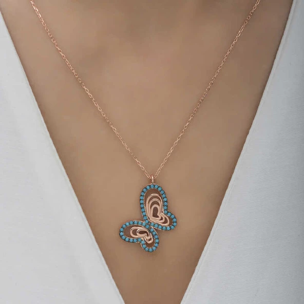 Gümüş Rose Turkuaz Taşlı Kelebek Kadın Kolye - Resim 4