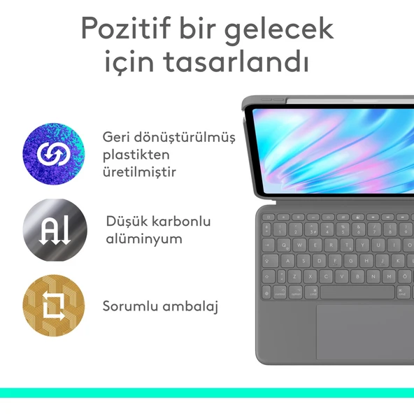 Logitech Combo Touch 11 inç iPad Air M2 ile Uyumlu Türkçe Klavyeli Tablet Kılıfı - Gri - 8