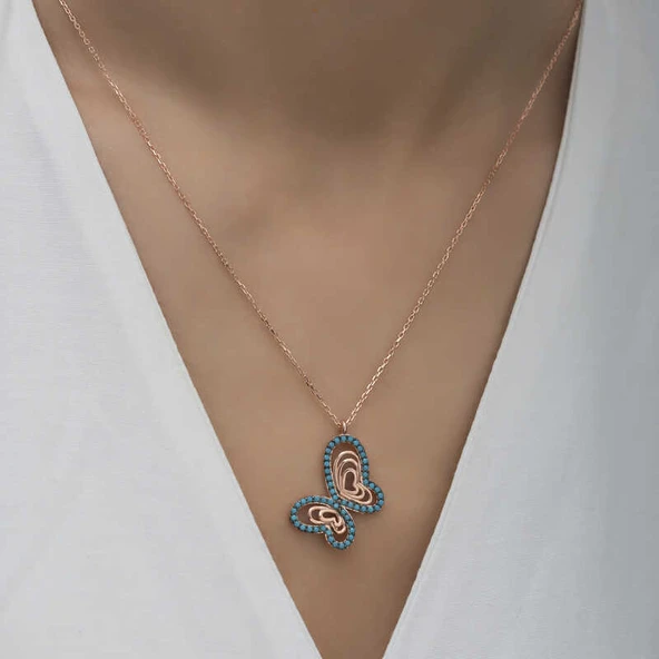 Gümüş Rose Turkuaz Taşlı Kelebek Kadın Kolye - Resim 5