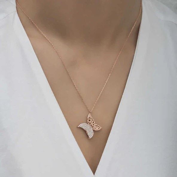 Gümüş Rose Kelebek Kadın Kolye - Resim 3