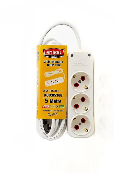 Amiral 3' Lü Topraklı 5 Metre Kablolu Grup Priz