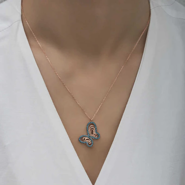 Gümüş Rose Turkuaz Taşlı Kelebek Kadın Kolye - Resim 2