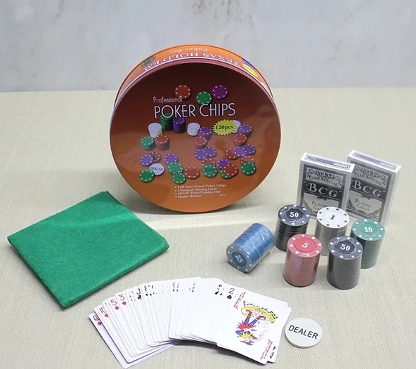 Metal Kutulu 120 Chip Ve 2 Adet İskambil  Kağit Setine Sahip Poker Oyunu Alk3535