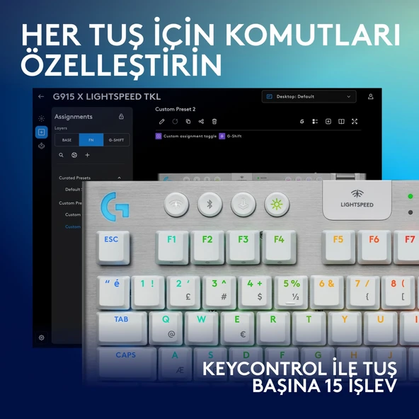 Logitech G915 X LightSpeed TKL Düşük Profilli Rgb Aydınlatmalı GL Blue PC/Mac Için Kablosuz Ingilizce Q Oyun Klavyesi, Beyaz - Resim 3