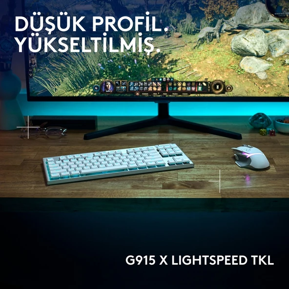 Logitech G915 X LightSpeed TKL Düşük Profilli Rgb Aydınlatmalı GL Blue PC/Mac Için Kablosuz Ingilizce Q Oyun Klavyesi, Beyaz - Resim 5