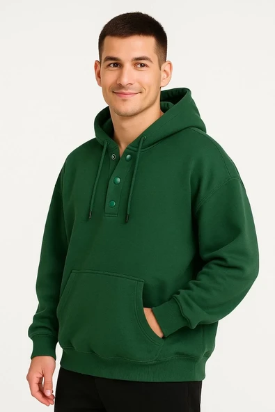 Erkek Ovarsize Kapüşonlu Swetshirt Kanguru Çepli Cıtcıtlı 3 iplik Şardonlu Hoodie - Haki ürün görseli