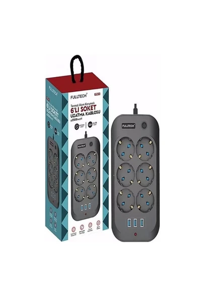 Termal Akım Korumalı, Çocuk Korumalı, 6’lı 2 Mt Uzatma Kablosu 6 X Priz, 3 X Usb - 3