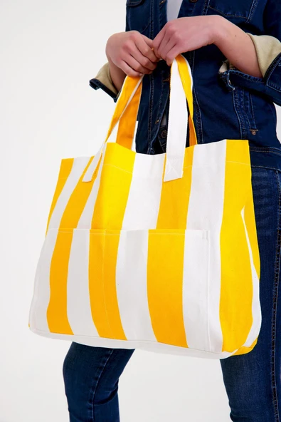 Kadın Kanvas 2 Cepli Günlük Renkli Plaj Omuz Çantası Sarı ürün görseli 1