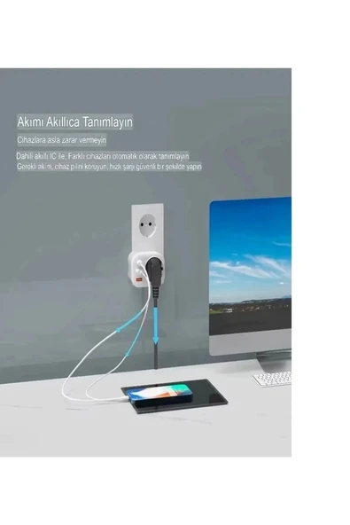 Ac-115 2500w 3.4a 2usb 1type-c 1soket Akım Korumalı Şarj Adaptörü Priz Çoğaltıcı - 2