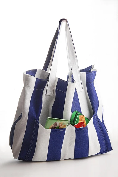 Kadın Kanvas 2 Cepli Günlük Renkli Plaj Omuz Çantası Mavi - Resim 5