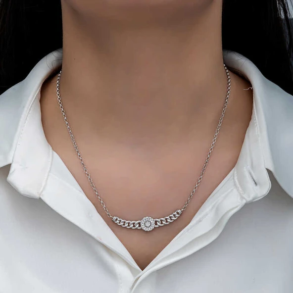 Gümüş Gurmet Zincirli Yuvarlak Baget Taşlı Kadın Kolye - Resim 4