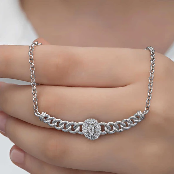 Gümüş Gurmet Zincirli Oval Baget Taşlı Kadın Kolye ürün görseli 1