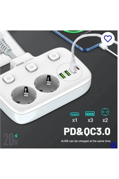 Akım Korumalı 2’li Ayrı Anahtarlı Priz, 2x Priz, 3x Usb, 1x Type-c, 2 Mt Kablo, Hızlı Şarj - 2