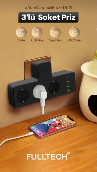 Ftr-12 Termal Akım Korumalı Isıya Dayanıklı 3’lü Priz 3x Usb 1x Type-c - 2