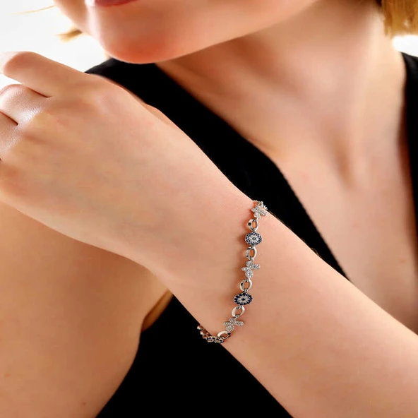 925 Ayar Gümüş Kelebek Nazar Kadın Bileklik - Resim 2