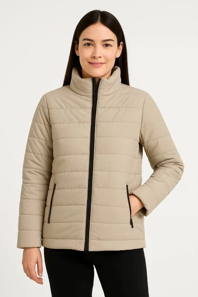 Kadın Bomber Mont Ceket – Su İtici Kumaş, Kapitone Astarlı, Fermuarlı, Kışlık - Bej - Resim 5