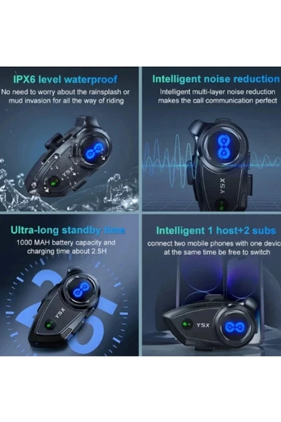 Y5x Rgb Işıklı Intercom 5 Kişi Bağlantılı 1000mah Motosiklet Bluetooth Kulaklık Seti - 3