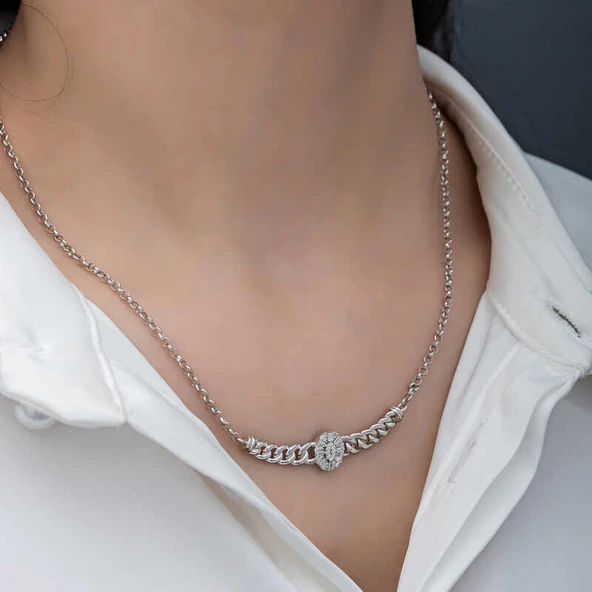Gümüş Gurmet Zincirli Oval Baget Taşlı Kadın Kolye - Resim 5